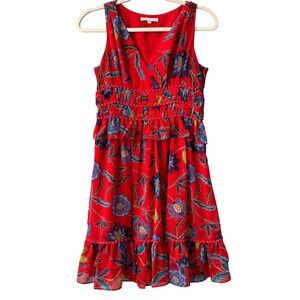 Rebecca Minkoff Red Floral Print Sleeveless‎ V Neck Ruffle Dress Women's Small 2